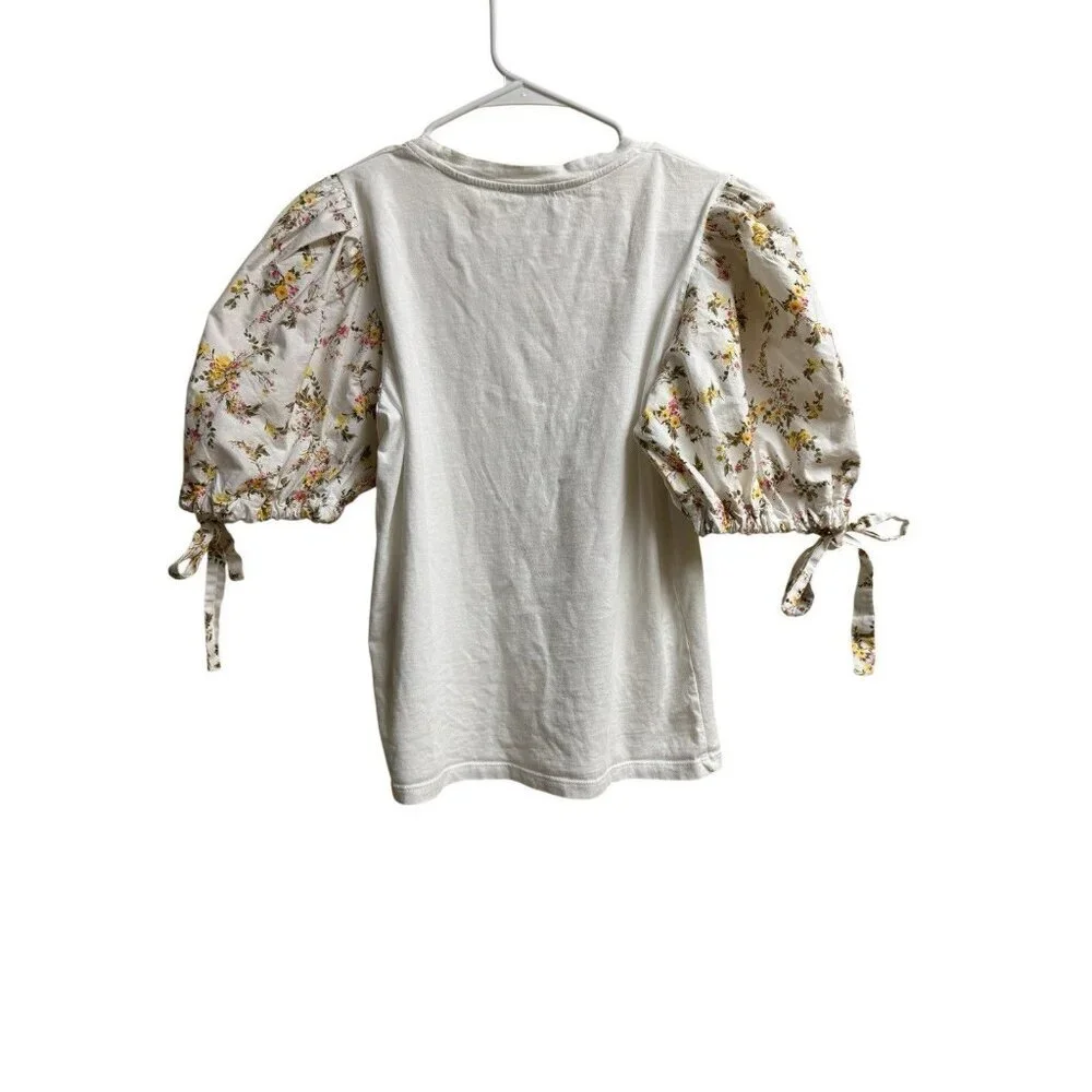 Zara Floral Puff Sleeve Top Medium White Cottagecore Tie Sleeve Blouse
